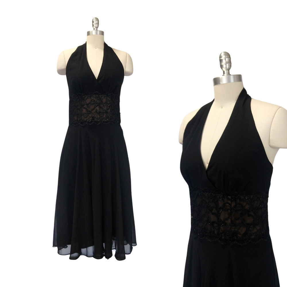 Vintage Y2K Black Halter Dress Size 8 Scarlett Lace Beaded Chiffon 2000s Prom